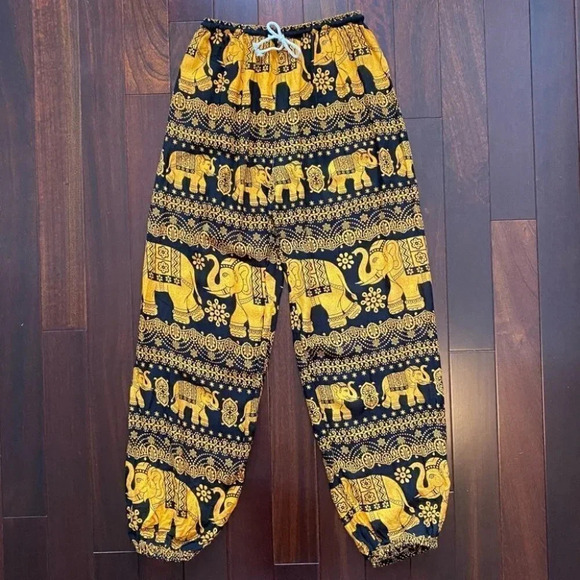 Balloon Leg Flowy Draped Harem Pants Joggers Black Gold Elephant Print Size XS/S - Picture 11 of 16